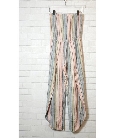 Anthropologie Drew Emerson Multicolor Striped Strapless Open Leg Linen Jumpsuit - Picture 2 of 9